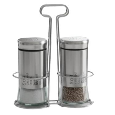 Imagem de Conjunto Saleiro e Pimenteiro com Suporte Galheteiro 2 Potes de Vidro com Tampas Metálicas e Base Organizadora Elegância e Praticidade para Mesa e Cozinha