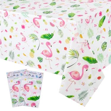 Imagem de WERNNSAI Toalha de mesa de flamingo – 2 peças de 71" x 43,3" Tropical Luau Party Capa de mesa de plástico descartável Abacaxi para decoração de festa de piquenique de festa de aniversário