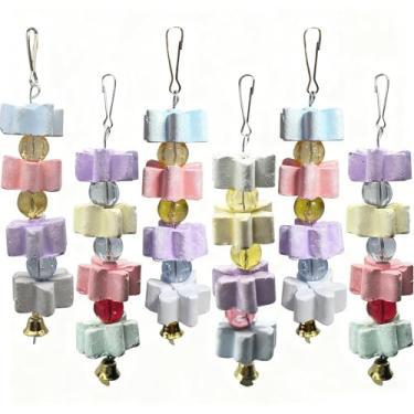 Imagem de 6 peças Aparador de bico de papagaio, bico de pássaro, pedra de moagem, dentes, bloco de lava, mineral, cálcio, rocha, brinquedos para mastigar com sino para periquito, conure, periquitos, coelho