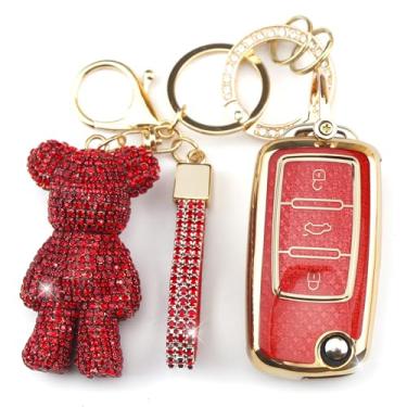 Imagem de Rayslesan Linda capa de chaveiro com pingente de urso de strass, capa inteligente de TPU brilhante para mulheres, compatível com VW Tiguan Passat Polo MK5 Touran Jetta Beetle Golf Santana Scirocco Eos