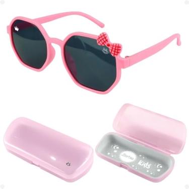Imagem de Óculos de Sol Infantil Feminino Rosa com Case Transparente Premium – Formato Hexagonal, Acessório Moderno para Meninas