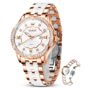 Imagem de OLEVS Relógio feminino de cerâmica, luxuoso, brilhante, diamante, ouro rosa, analógico, quartzo, feminino, casual, impermeável, relógios de pulso para mulheres com dia e data, Ouro rosa - L5002, round