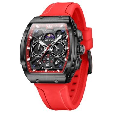 Imagem de OLEVS Relógios masculinos Tonneau Square, resistente à água, relógio masculino, multifuncional, fase, da lua, com três ponteiros, Face preta/faixa vermelha, men-standard, Relógio casual