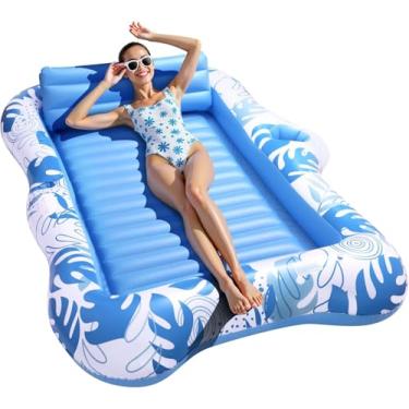 Imagem de Espreguiçadeira inflável de bronzeamento para 2 pessoas, espreguiçadeira flutuante extragrande com porta-copos, boia de banho de sol 2 em 1 e boia de piscina para adultos, colchão de ar portátil para