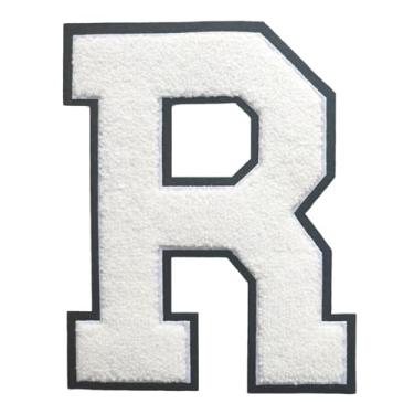 Imagem de 1 Patch de letra de chenille de ferro branco de 16,5 cm com borda preta – Remendos do alfabeto para roupas, jaquetas, mochilas, chapéus para decoração personalizada, nome personalizado e artesanato