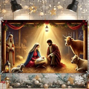 Imagem de BlissYard Banner de presépio de Natal 188 x 109 cm, pano de fundo para bebês da Sagrada Família Jesus Manjedoura Animais Estáveis Decorações de Natal Grande Tecido Poliéster Arte de Parede Pano de
