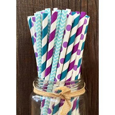 Imagem de Canudo com tema de sereia charmosa roxo, azul e azul-petróleo em bolinhas, chevron e design listrado, pacote com 100