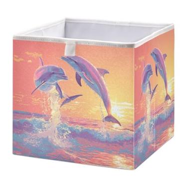 Imagem de SEHANY Caixa de armazenamento dobrável com golfinhos saltadores, organizador de tecido grande, dobrável, para roupas, brinquedos, livros, armário, berçário, 28 x 28 x 28 cm