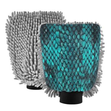 Imagem de Blueangle Pacote com 2 luvas para lavagem de carro com padrão de pele Python – Luvas de microfibra de chenille para lavagem de carro sem arranhões e limpeza doméstica, luva de detalhamento automático