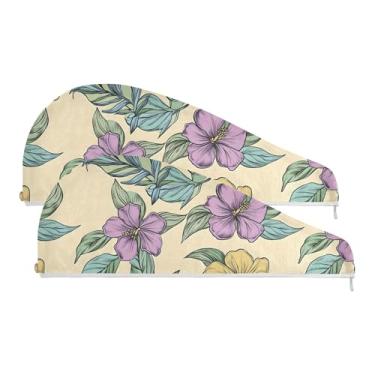 Imagem de SEHANY Toalha de cabelo de microfibra de flores coloridas elegantes para mulheres, 2 peças, turbantes de cabelo de secagem rápida com botão, touca de cabelo seco absorvente toalha de secagem de cabelo