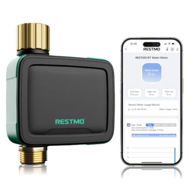 Imagem de RESTMO Temporizador de irrigação inteligente com medidor de fluxo, temporizador de água para mangueira de jardim, entrada e saída de latão, sistema automático de irrigação de gramado e quintal