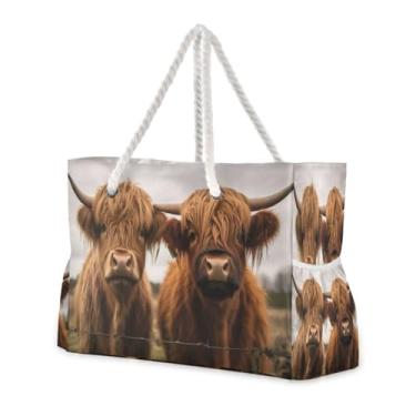 Imagem de ATTX Duas bolsas femininas de praia de vaca escocesas Highlands - Bolsas de praia grandes com zíper à prova d'água à prova de areia bolsa para piscina bolsa grande #415