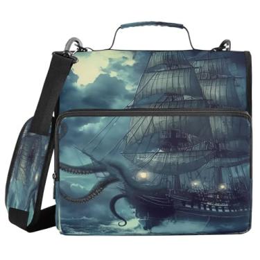 Imagem de ATTX Fichário com zíper de navio pirata com alça acolchoada ajustável - bolsa de fichário com capacidade para 500 folhas com organizador de vários bolsos, serve para laptop de 12 polegadas #265