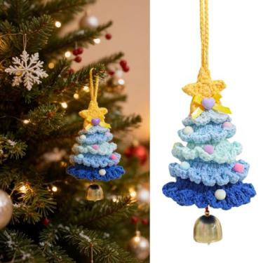 Imagem de Enfeites de árvore de Natal de crochê coloridos mini tricotados à mão acessórios de pendurar com sino decoração de Natal para decoração de férias, casa, escritório, festa, carro (azul)