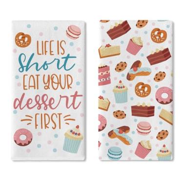 Imagem de Croar Life is Short Eat Your Dessert First Kitchen conjunto de 2 panos de prato de cozinha, doce cupcake donut cookie macaron toalha de mão para assar pano, bolinhas coloridas decoração de casa 45 x