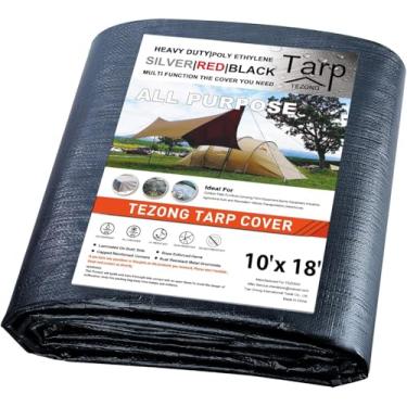 Imagem de TEZONG Lonas resistentes à prova d'água 3,7 x 5,5 m, lonas de plástico preto grande multiuso cobertura de lona externa grossa de poliéster 32 MIL para chuva ou sol de emergência, telhado, móveis de