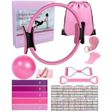 Imagem de KABCON Kit de Pilates para Casa, Conjunto de Essenciais de Treino Feminino Iniciante com Anel de 33 cm, Bola de 25 cm, Faixas de Resistência e Guia, Equipamento Compacto Pilates 13/14/16 PCS