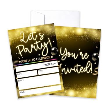 Imagem de CLIRBE Convites de festa de aniversário, convites de aniversário convidados dourados e pretos para meninos e meninas, 20 cartões de convites com 20 envelopes, lembrancinhas de artigos de festa -H13