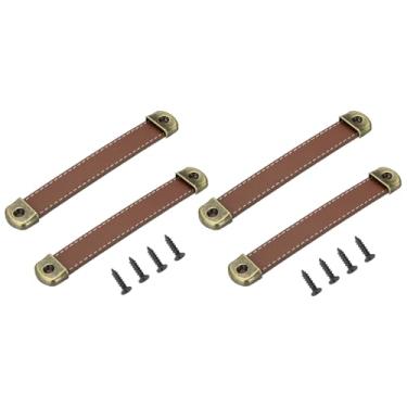 Imagem de PATIKIL Puxadores de gaveta de couro de 18 cm com folha de ferro, 4 peças de alça de couro para porta-malas de substituição de ferragens com parafusos de 18 mm para bagagem, porta de cômoda, marrom