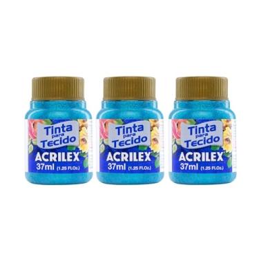 Imagem de Kit 3 Tintas para Tecido Glitter Acrilex 37ml Azul Turquesa 211 | Brilho Intenso, Fixação a Frio, Alta Resistência e Durabilidade para Artesanato e Customização