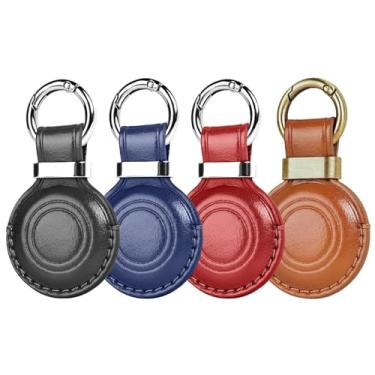 Imagem de MOLOVA Pacote com 4 chaveiros de couro para Apple para AirTags, design compacto com capa AirTag, capa segura com anel de aço inoxidável para chaves de carro, acessórios de chaveiro, preto/azul escuro