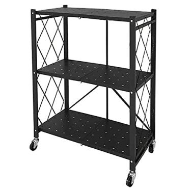 Imagem de Unidade de prateleiras resistentes de 3 níveis Carrinho de armazenamento dobrável com 4 rodízios para garagem, cozinha, sala de estar