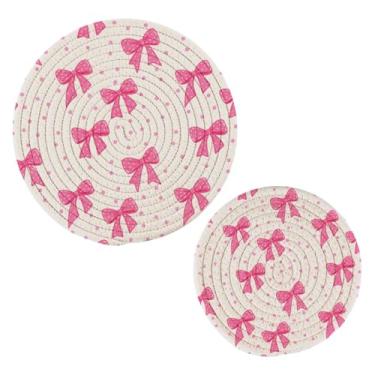 Imagem de Wassud Conjunto de trivet laços fofos (2) tripé para pratos quentes suportes de panela redondos almofadas quentes de algodão porta-copos resistentes ao calor para decoração de cozinha, bancada, 2