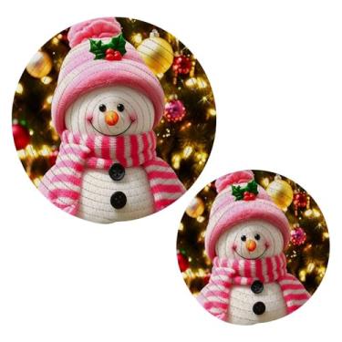Imagem de Wassud Conjunto de trivet de boneco de neve de Natal para pratos quentes, suportes redondos de algodão, almofadas quentes, porta-copos elegantes, decoração de cozinha e acessórios, 2 peças