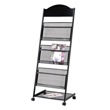 Imagem de LMJYU Suporte de revistas de chão de 3 camadas com rodas, suporte de exibição de folheto, metal de alta dureza para exposições, organizador de porta-revistas de escritório