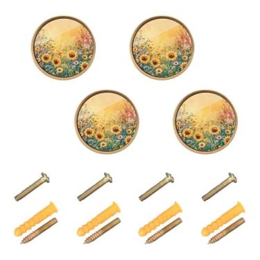 Imagem de Wassud Girassóis de jardim peculiares pacote com 4 maçanetas de armário redondas para móveis puxadores e puxadores de gaveta de cômoda de cozinha de 3 cm