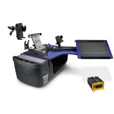 Imagem de AutoExec Reach Desk Banco traseiro lado esquerdo para sua estação de trabalho de veículo e escritório móvel, azul, com inversor de potência de 400 watts, suporte de impressora, suporte para telefone