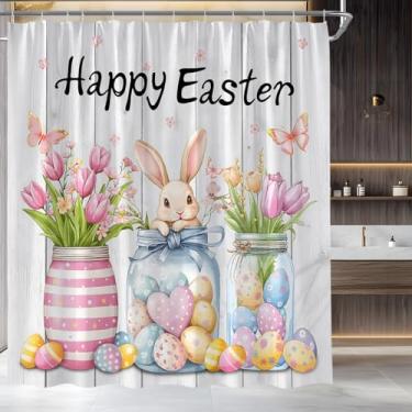 Imagem de UEAUUN Cortina de chuveiro Happy Easter Bunny Spring Cute Rabbit Tulipa Floral Wooden Board Butterfly Girly Bathroom Banheiras Decorativas (177.8 cm L L x 177.8 cm C)