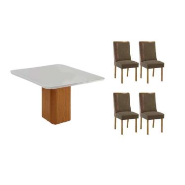 Imagem de Sala Jantar Mesa Maldivas Tampo c/ Vidro Curvo 90cm+4 Cadeiras Tilia Madeira Naturale/Off White - Capuccino/Suede Capuccino - Rufato