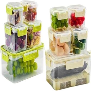 Imagem de Conjunto 5 Potes de Plástico com Tampa e Cesto, Transparente com Cesto Bege e Verde, Empilháveis, Livre de BPA, para Organização de Cozinha