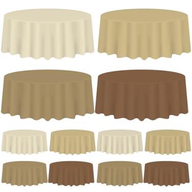 Imagem de Whaline Toalha de mesa redonda de plástico marrom, 12 peças, 4 cores gradientes, à prova d'água, para decoração de outono e Ação de Graças, 213 cm