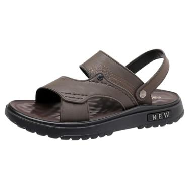 Imagem de Sandália masculina de bico aberto com sola grossa, respirável, casual, moda praia, primavera, verão, com material de microfibra, Caqui, 39