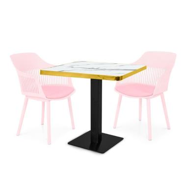 Imagem de Conjunto Mesa De Jantar Quadrada Venezia 70x70cm Branca Com 2 Cadeiras Estofadas Marcela - Rosa