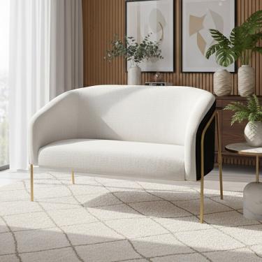 Imagem de Sofá Namoradeira Stella Industrial Alta Dourada Sintético PU Preto Linho Cinza D03 - D'Rossi