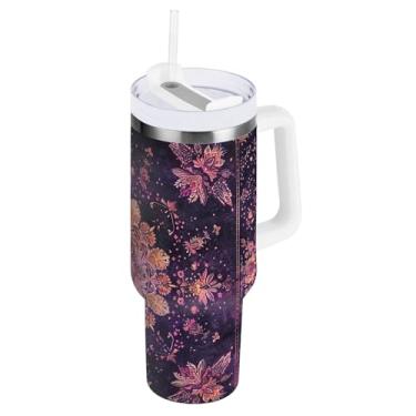 Imagem de Copo de viagem grande isolado com alça e canudo, copo floral mandala roxo à prova de vazamento