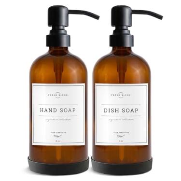 Imagem de Vine Creations Dispensador de sabão de vidro âmbar, conjunto com 2 dispensadores de sabão de cozinha com bomba de aço inoxidável, 473 ml, saboneteira e dispensadores de sabonete para as mãos para