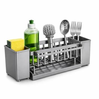 Imagem de Organizador de Pia para Cozinha Suporte para Esponja, Detergente e Talheres com Drenagem – Plástico Resistente (CINZA)