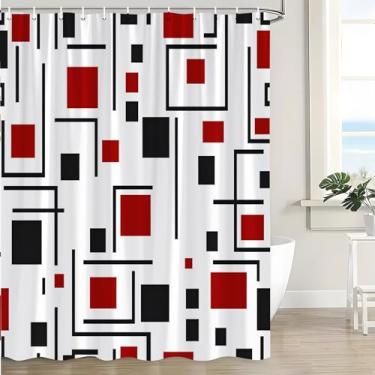 Imagem de CWHCWA Cortina de chuveiro geométrica moderna, vermelha, preta, branca, abstrata, xadrez, minimalista, neutra quadrada, listrada, contemporânea, decoração de banho, cortina com ganchos