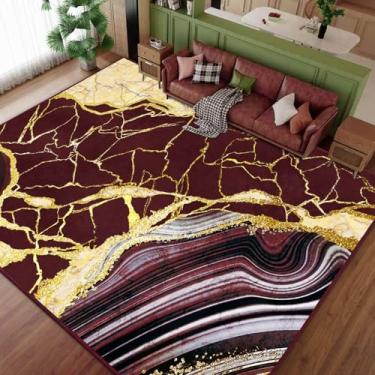 Imagem de ASPMIZ Tapete de mármore 22 x 30 cm vermelho e dourado lavável para sala de estar, tapetes de quarto de lã sintética macia antiderrapante moderno tapete de baixo perfil extra grande para sala de