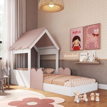 Imagem de Cama Infantil Montessoriana Casinha Jardim Completa Móveis - Branco com Rosa