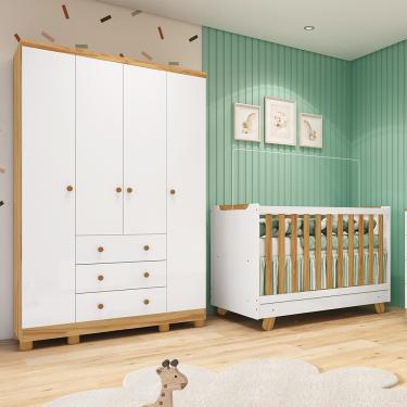 Imagem de Quarto de Bebê com Guarda-roupa 4 Portas e Berço 4 em 1 Minicama em MDF Zuri Móveis Peroba - Branco Brilho/Amendoa