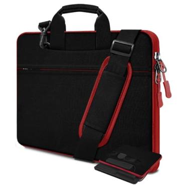 Imagem de Bolsa de ombro para laptop de 15,6 polegadas, durável, à prova de choque, com vários bolsos e alça compatível com a maioria dos notebooks de 15,6 polegadas, preto e vermelho