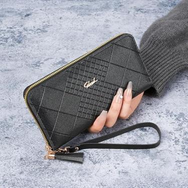 Imagem de Carteira feminina de couro genuíno com dobra dupla/tripla - Suporte minimalista para cartão de crédito com bloqueio de RFID e bolso para moedas, Preto, Casual