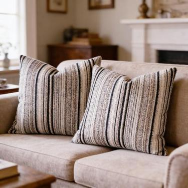 Imagem de Qupace Conjunto de 2 fronhas listradas de chenille 45,7 x 45,7 cm, fronhas quadradas espessas de tecido, capas decorativas para sofá, sala de estar, quarto, varanda, chão (preto)
