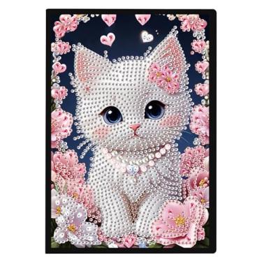 Imagem de Kits de arte de caderno de pintura de diamante para adultos, capa de couro, gato branco, faça você mesmo, pintura de diamante, caderno de esboços, arte de diamante, feito à mão, festival, presente de