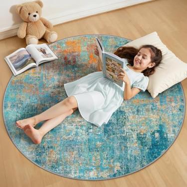 Imagem de RELEANY Tapetes laváveis de 1,2 m antiderrapantes modernos abstratos macios para sala de estar, entrada, quarto, berçário, padrão de impressão, azul-petróleo, verde, laranja, vermelho enferrujado